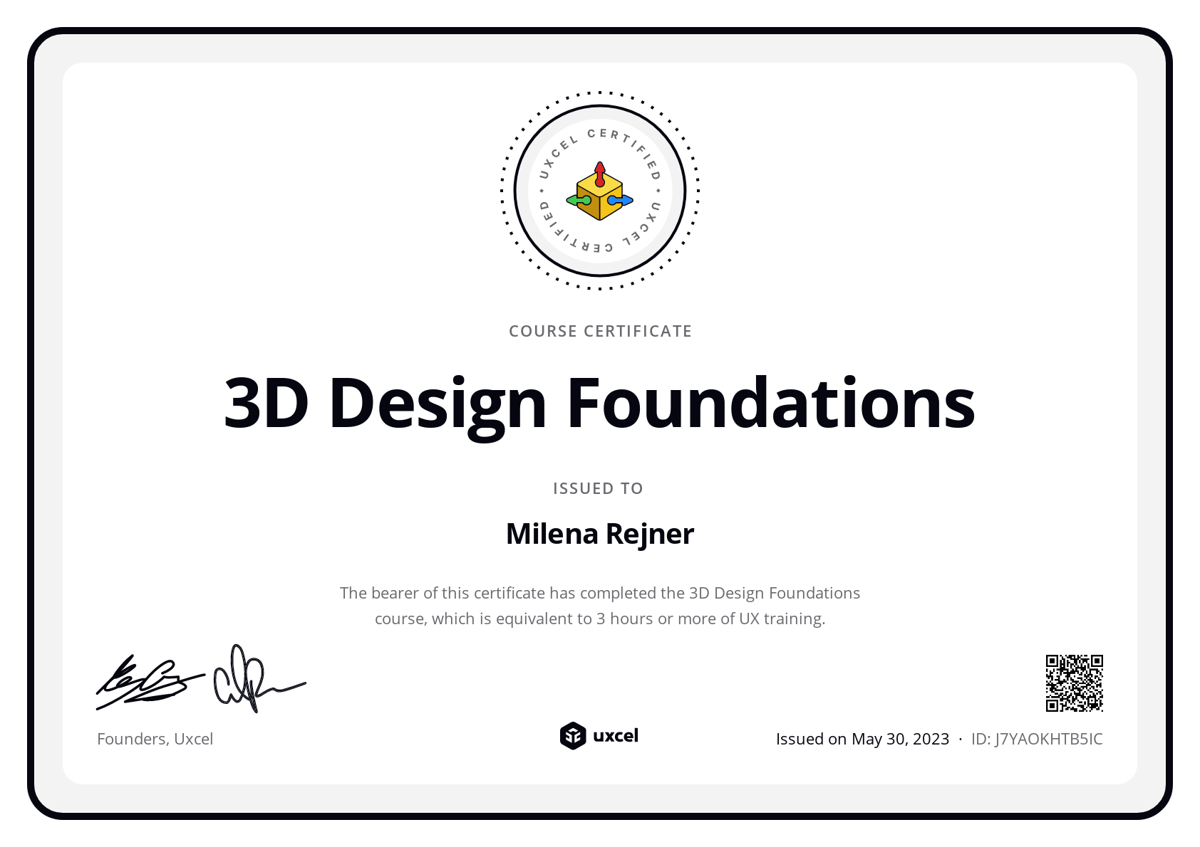 Milena Rejner's certificate